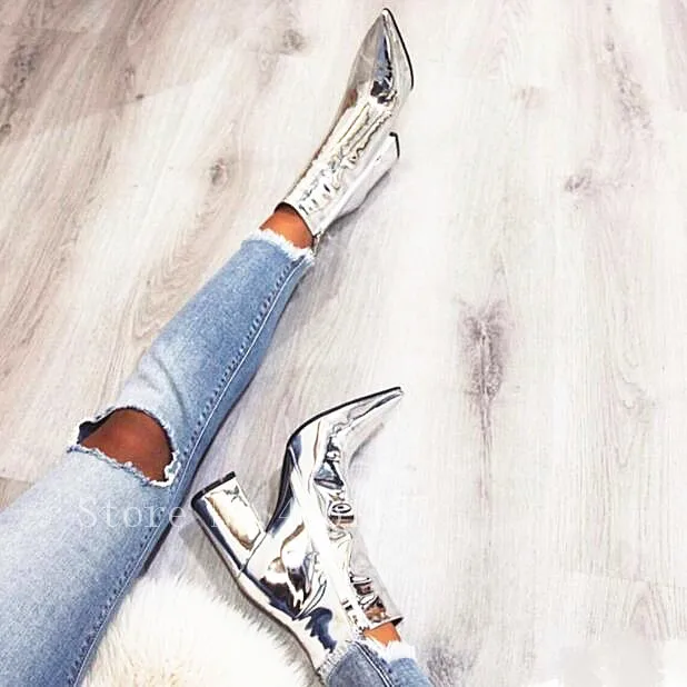 as Or Femmes Spiegel Leder Talons Silber Pic Chaussons Zipper De As Pic Lackleder Zapatos Brillant Haute Métallique Chunky Cheville Rosa Stiefeletten nH88W4