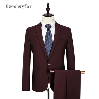 

2018 Brand Men Red Business Formal Slim Fit Suits Blazer with Pants 2Pcs Slim Fit Groom Tuxedo Wine Suits for Men (Jacket+Pants)