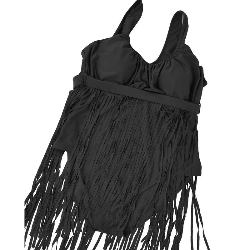 Женское платье-бикини размера плюс 6XL, монокини с пуш-ап, купальник с бахромой, женская одежда для плавания, летняя цельная пляжная одежда для полных женщин - Цвет: Черный