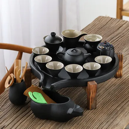 Черный керамический камень мельница чайный лоток бытовой круглый керамический сухой пузырь хранения воды чайный стол офисный чайный набор кунг-фу - Цвет: 03 Style