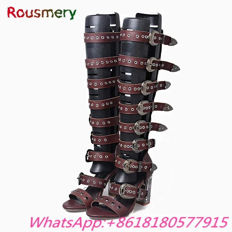 

New Fashion Transparent Color Chunky High Heels Woman Sandals Leather Peep Toe Party Gladiator Metal Decoration Zipper Shoes