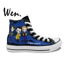 Вэнь ручная роспись синяя обувь дизайн пользовательские сверхъестественные высокие холщовые кроссовки для мужчин женские рождественские подарки