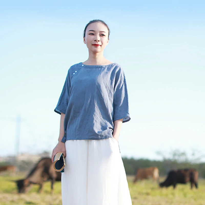 LZJN  Women Shirts Chinese Style 2019 Summer New Casual Blouses Beaded Half Sleeve Loose Cotton Linen Tops (14)