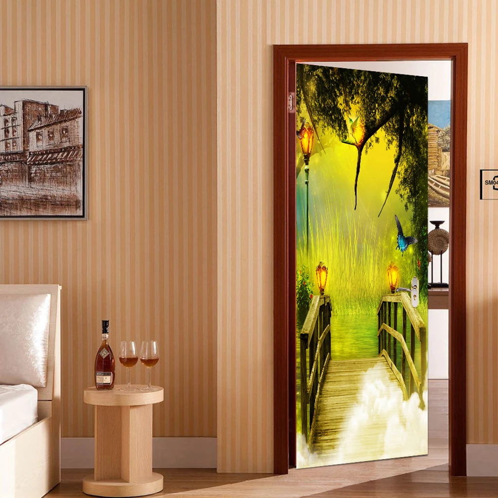 3D Door Wall Mural Sticker Window Cling Landscape Scene Decal Waterproof Vinyl Stickers for Window Cabinet Bathroom