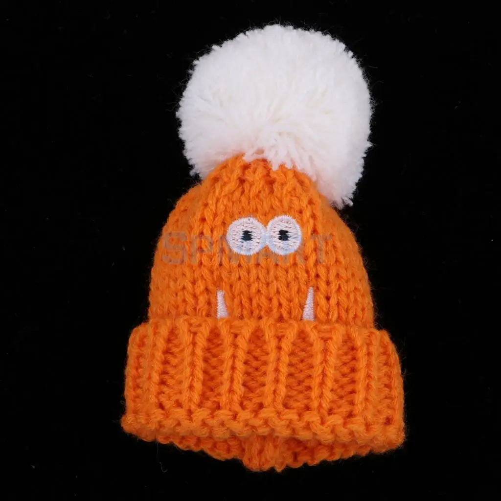 Handmade Knitted Orange Beanie Hat Ski Cap With Plush Woolen Ball Winter Garment For   Doll Christmas Accessory