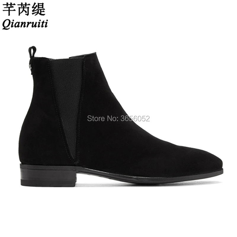 

Qianruiti Design Botas Hombre Soft Suede Black Ankle Booties Autumn Winter Fashion Shoes Flat Heel Side Zipper Chelsea Boots Men