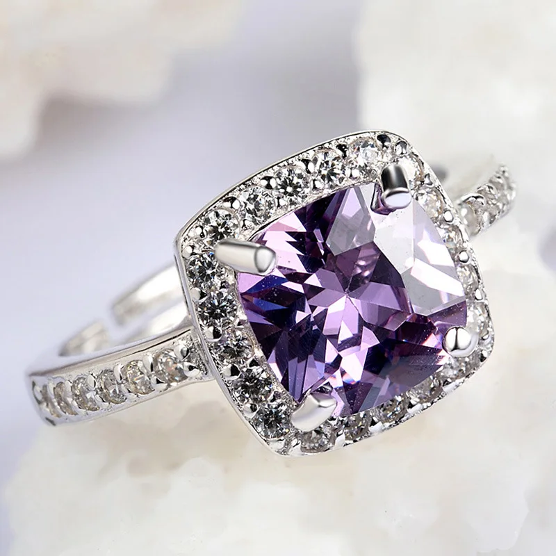 

925 Sterling Silver Ring Square Purple CZ Wedding Rings Crystal Inlay Anillos Finger Ring Engagement Band Fashion Anillos Bague