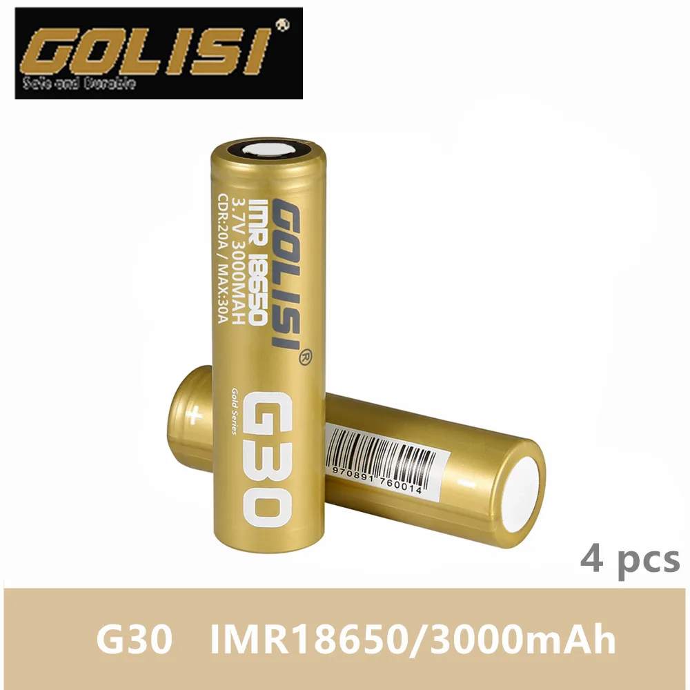 

4pcs GOLISI G30 IMR 18650 3000mah IMR18650 3.7V MAX 30A CDC high drain E-CIG rechargeable battery for VAPE flashlight headlamp