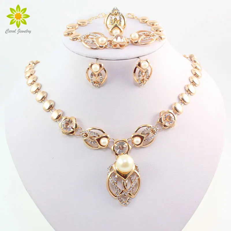 Gold Color Imitation Pearl Wedding Costume Necklace Earrings Sets