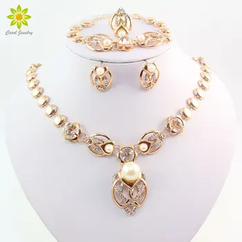 

Gold Color Imitation Pearl Wedding Costume Necklace Earrings Sets Fashion Romantic Clear Crystal Women Party Gift Jewelry Sets