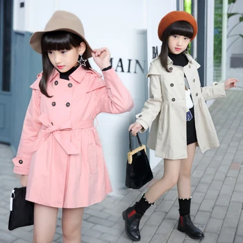 

Ins hot girl cotton windbreaker 5-13 years old spring and autumn long coat double-breasted bow belt fashion wild brand