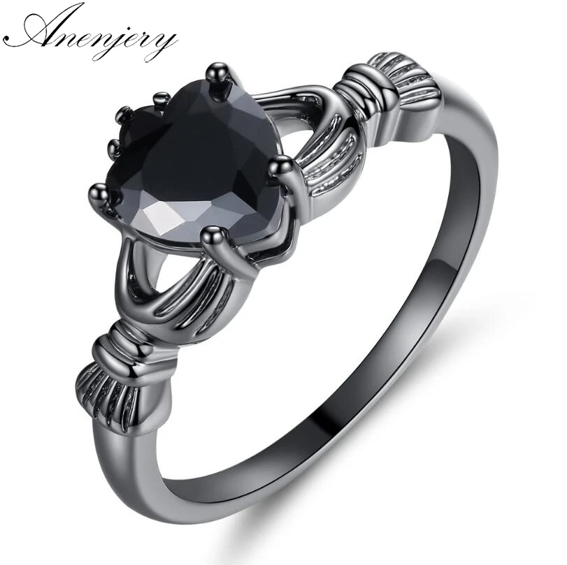 

Anenjery Personality Black Gold Color Prong Setting CZ Love Heart Crown Ring Wedding Engagement Ring For Women Charm Gift T-R106