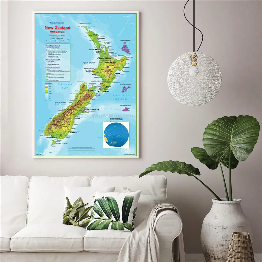 New Zealand Physical Map Classic Canvas Drawing Print Wall Art Sticker School Office Home Decor
