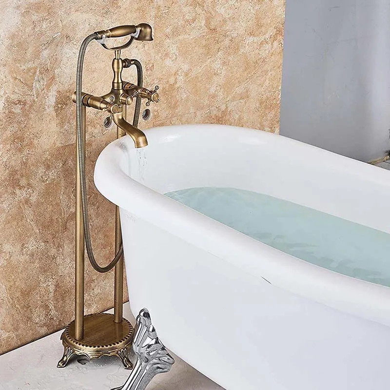 Античный латунный напольный смеситель для ванной душа с двойной ручкой стоячий кран для ванной комнаты латунный поворотный носик 150 см душевой шланг