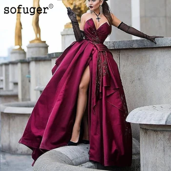 

Burgundy Satin Pleat Appliques Sexy 2019 V neck Strapless Lace up Back Prom Dresses Long Beads Formal Evening Gown