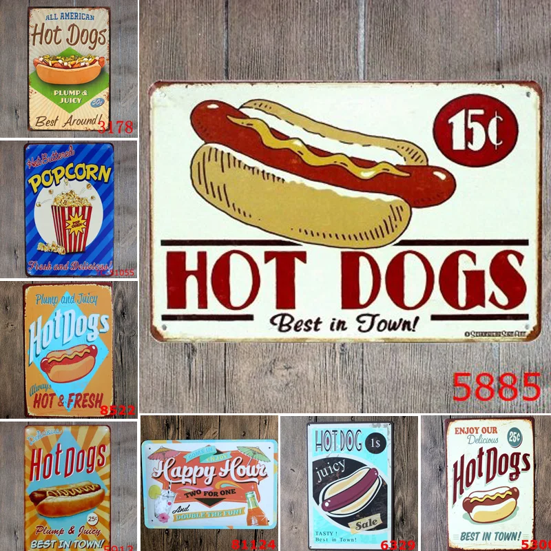 

20*30cm Hot Dogs Popcorn Vintage Metal Tin Sign For Bar Cafe Store Home Kitchen Decor Metal Iron Plaques Wall Sticker Poster