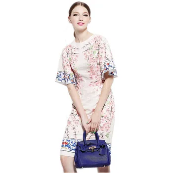 

2019 Italy Sicily Summer&Spring Fashion Brand Print Flower Appliques Peach Flower Flare Sleeve Silk Slim Casual Dress Women