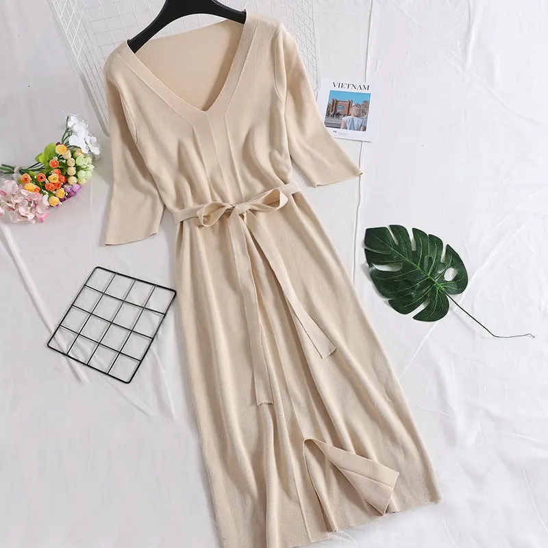 Women Dress Для женщин осенняя блузка с v-образным вырезом, четвертьрукав, плиссированная Базовая вязаное платье Повседневное со шнуровкой бинт эластичный тонкий Высокая Талия платье-пуловер - Цвет: Women Dress