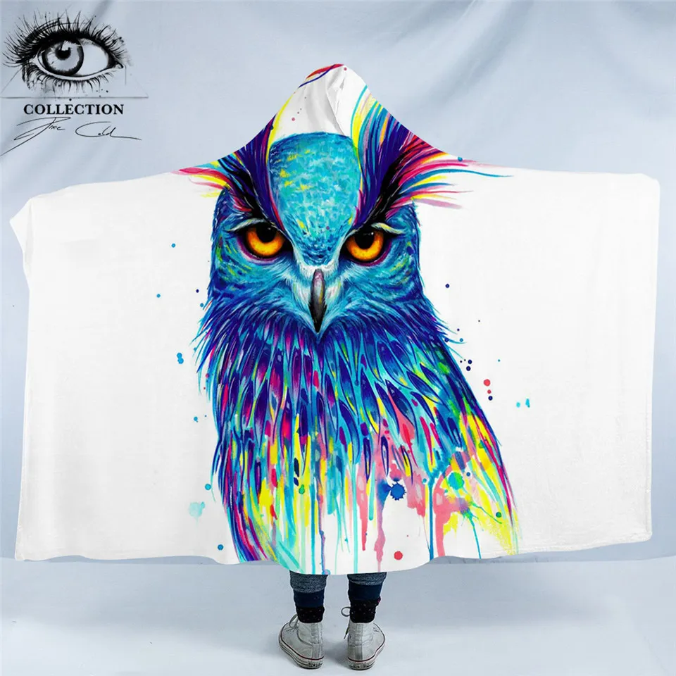 

Into the Blue by Pixie Cold Art Hooded Blanket Colorful Animal Soft Sherpa Fleece Watercolor Blue Eagle Wearable Throw Blanket