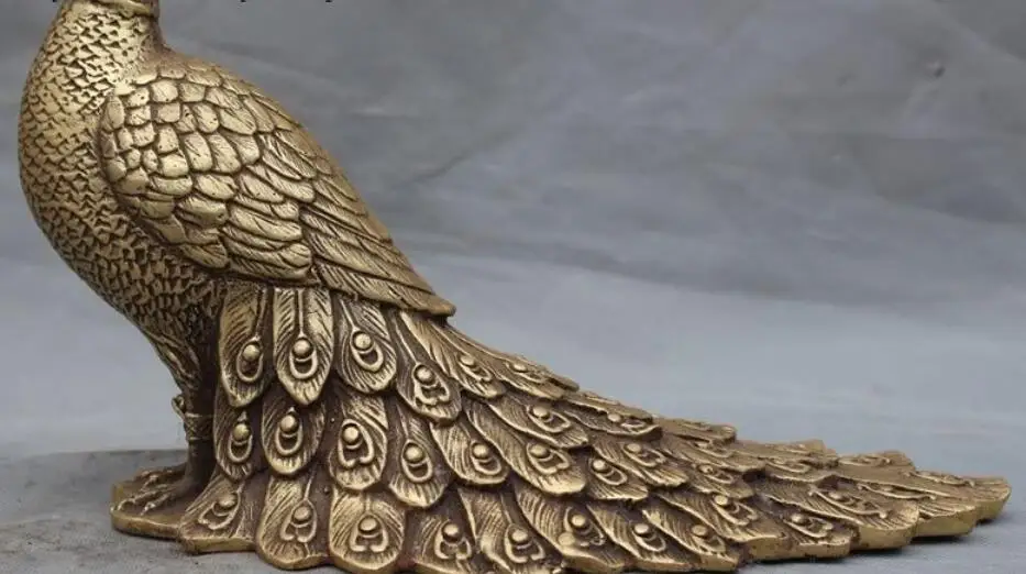 Auspicious Chinese Brass Handwork Old Lucky Embossment Peacock Big Statue Decor