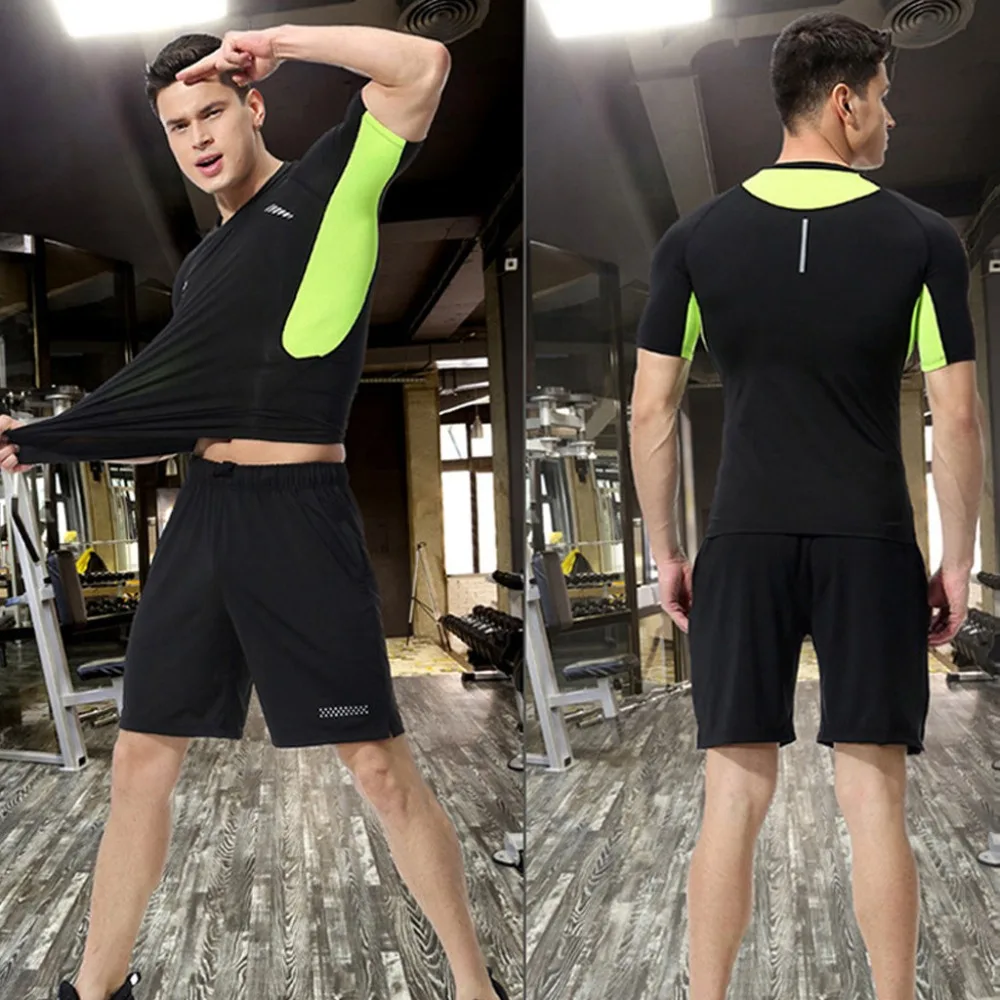 Модные летние Для мужчин; короткий рукав спортивный костюм для мужчин Эластичный Фитнес футболки быстрая сушка шорты спортивные лосины