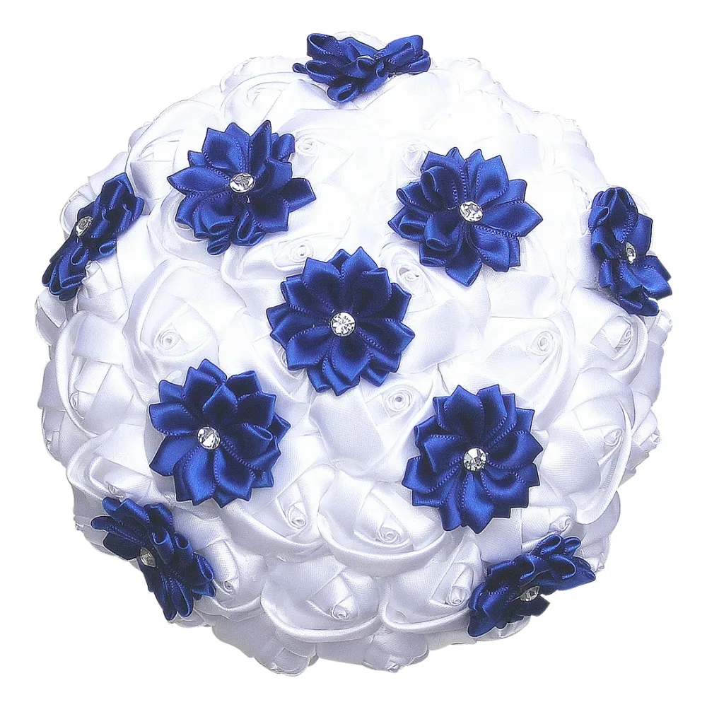 1232 50 De Réductionrose Satin Blanc Fleur Bleu Royal Bouquet De Mariage Diamant Fleurs Artificielles Bouquet De Mariage Ramos De Ovia W2791