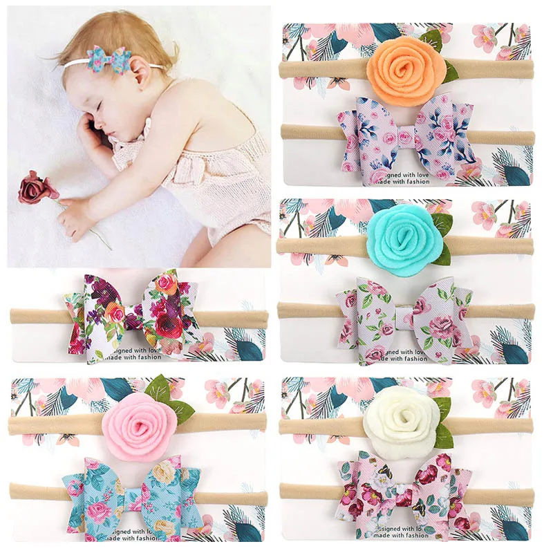 2PCs Set Nylon Baby Newborn Slim Leather Bow Knot Newborn Girl Headband