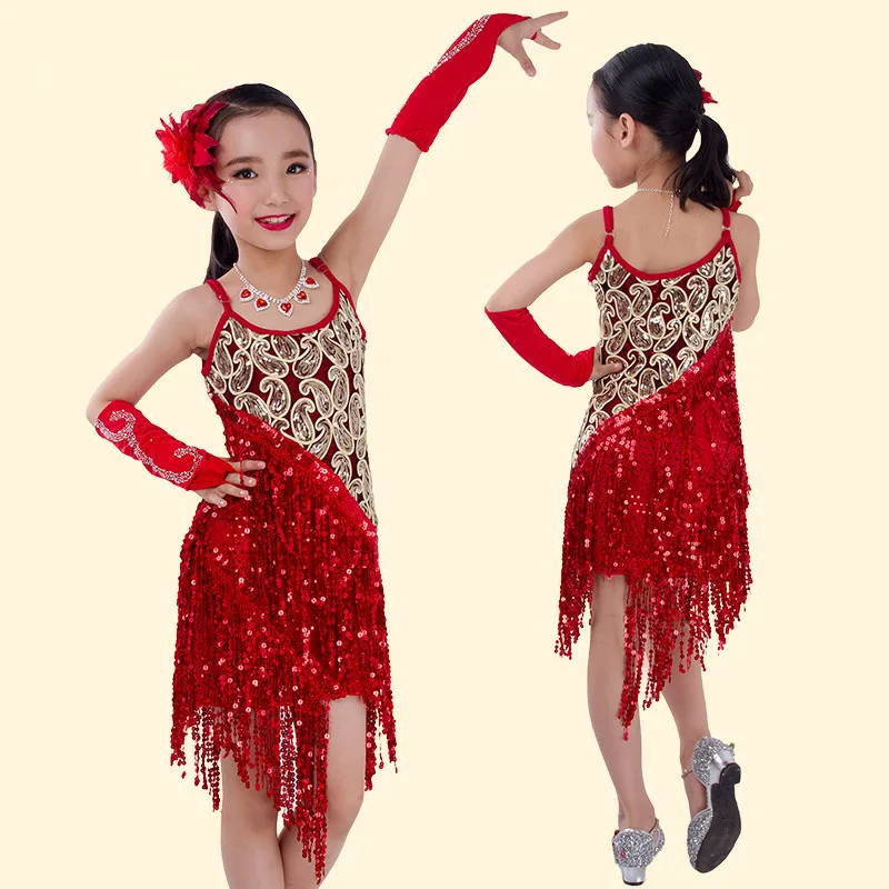 Buy Child latin performance wear Sling Sequin kids latin dance costume Tassels