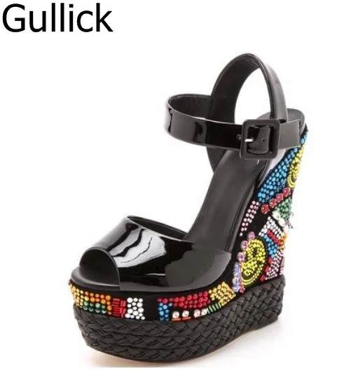 

Newest Women Ankle Buckle Strap Platform Wedge Sandals Colorful Crystal Decoration Peep Toe High Heel Summer Shoes High Quality