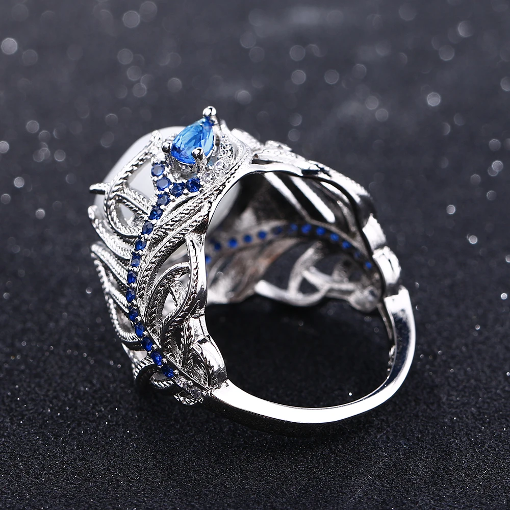 Bague Ringen, модный дизайн, лунный камень, перо, 925 пробы, серебряные кольца для женщин, Ретро стиль, синее сапфировое кольцо из драгоценных камней