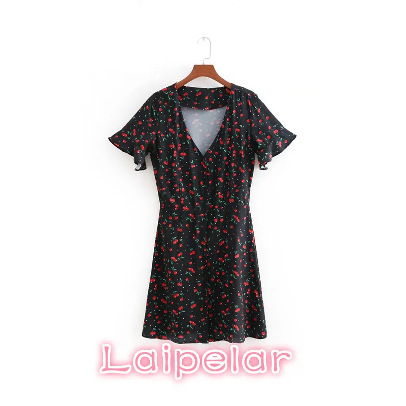 

Sexy flare sleeve v neck beach party dress Vintage chic Cherry print chiffon dresses 2018 boho button A Line mini casual dresses