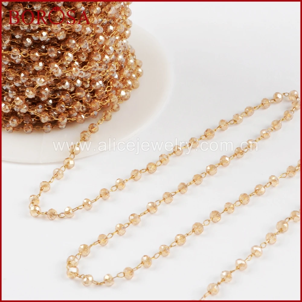 BOROSA 5Meters Gold Silver Brass Color 3mm Champagne Glass Beads Chains