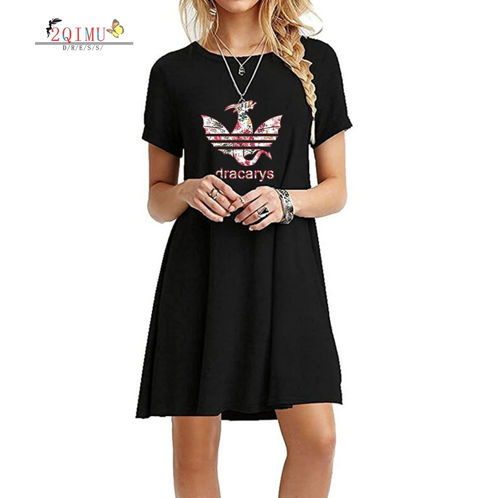 

2QIMU 2019 New Cartoon Print Female Dress Summer Simple Short Sleeve O-Neck Women A-Line Dress Casual Knee-Length Sexy Dress