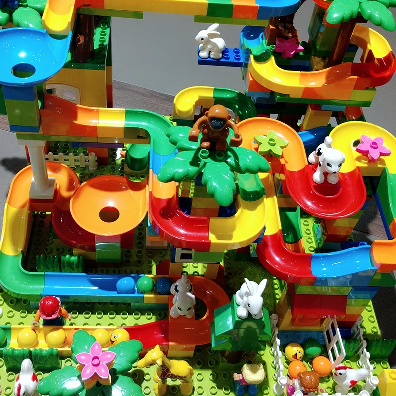 DIY Marble Race Run Maze Balls Track/Forest /Animal/Dinosaur Building Blocks Educational Bricks Compatible with Legoed Duploe 