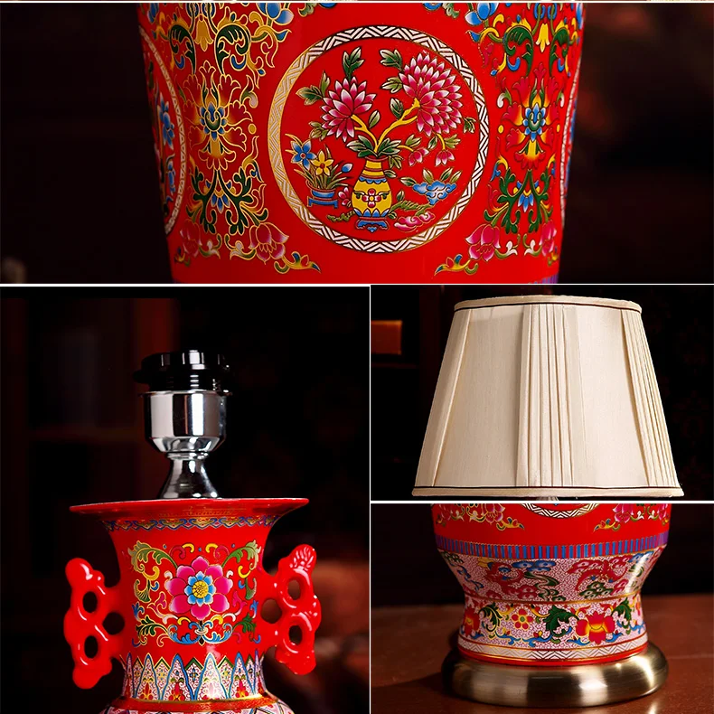 China Antique Living Room Vintage Table Lamp Porcelain Ceramic Table Lamp wedding decoration lamp dining table red (6)