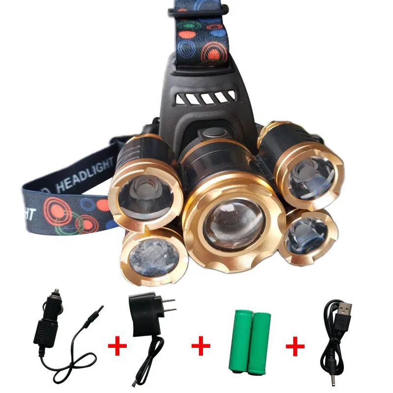 

Powerful USB CREE 5*LED XML T6 Headlight 20000 Lm Zoom Headlamp Fishing Light Outdoor Lighting Battery EU/US/70