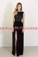 Freies Verschiffen 2016 High Neck Schwarz Weiß Spitze Top Abendkleid Chiffon Seitenschlitz Formale Abendkleider F & M1162