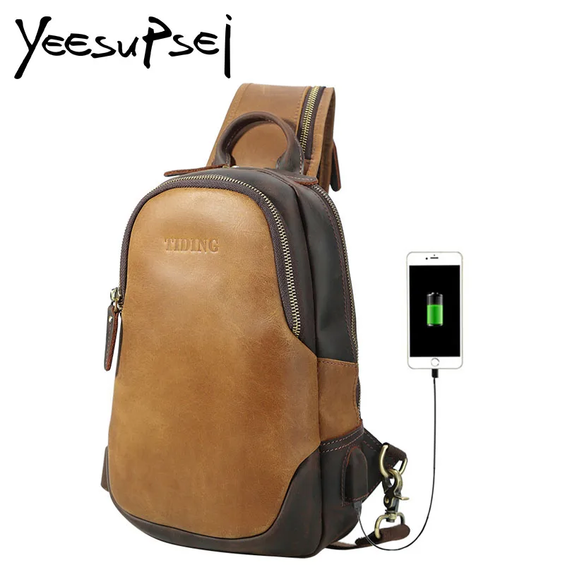 

YeeSupSei Men Cell Phone Pockets Genuine Cow Leather Brown Chest Bag Men Fashion Waist Packs Outdoor Sports Pillow Banana Bag