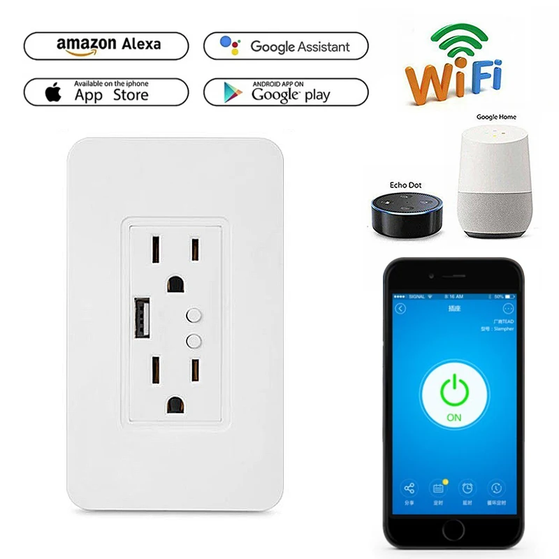 For Alexa Google Home eWelink APP remote control Smart Wall Outlet Wifi Dual USB Socket Remote Voice Control Smart Wall Socket