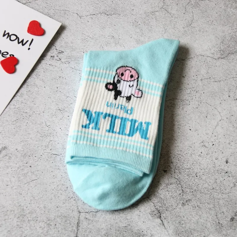 Pile Heap Milk Women Pink Socks Cotton Cartoon Fruit Print Cute Socks Meias Korean Harajuku Style with Cow Strawberry Banana 39