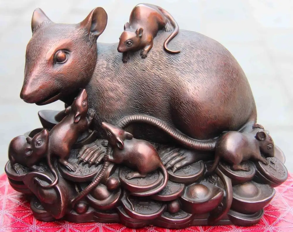 

7 China Home Feng shui Copper Zodiac Rat Mice Mouse mother Son Money Coin Statue