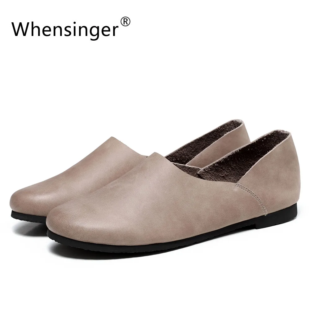 Whensinger - 2018 New Arrival Spring Genuine Leather Flats Woman Fashion Shoes Round Toe 2 Colors Rubber Sole F010