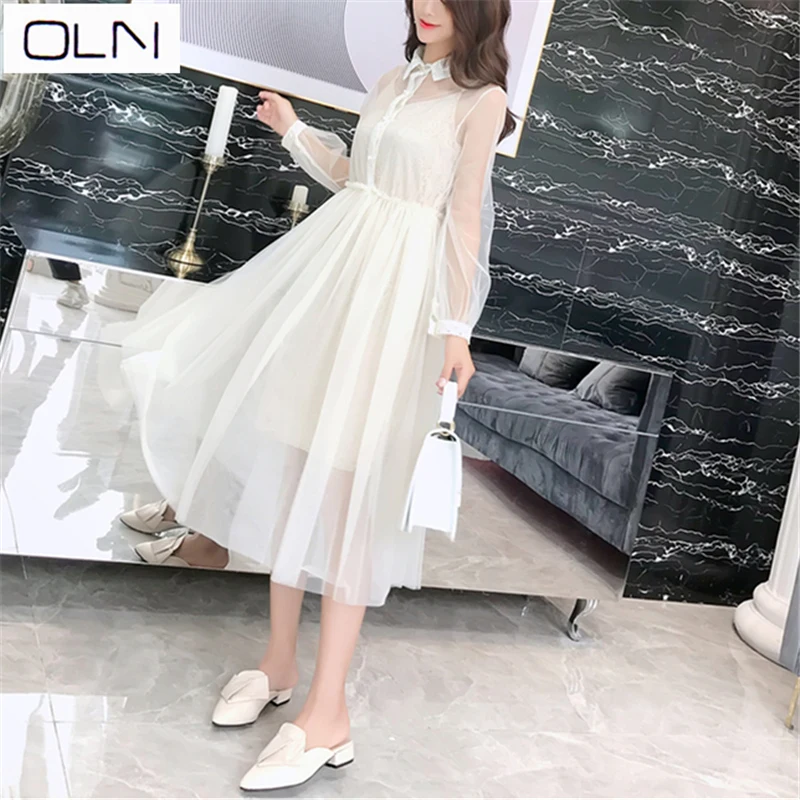

Vestidos Korean OLN Dress Summer of the waist bud silk yarn sweet dress two-piece for women suit
