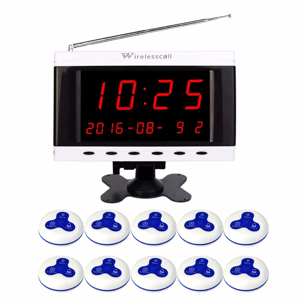 

Wireless 433MHz Waiter Service Queuing Call System Receiver Host Voice Broadcast Calendar Display+10pcs Call Transmitter Button