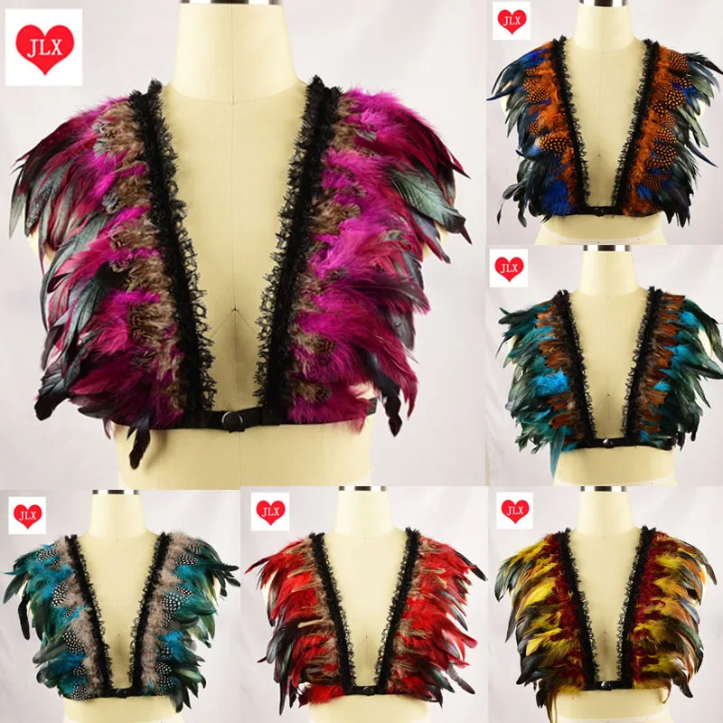

Sexy Multicolor lace & feather bra wings womans cage elastic harness top rave bra boho festival vest feather body harness belt