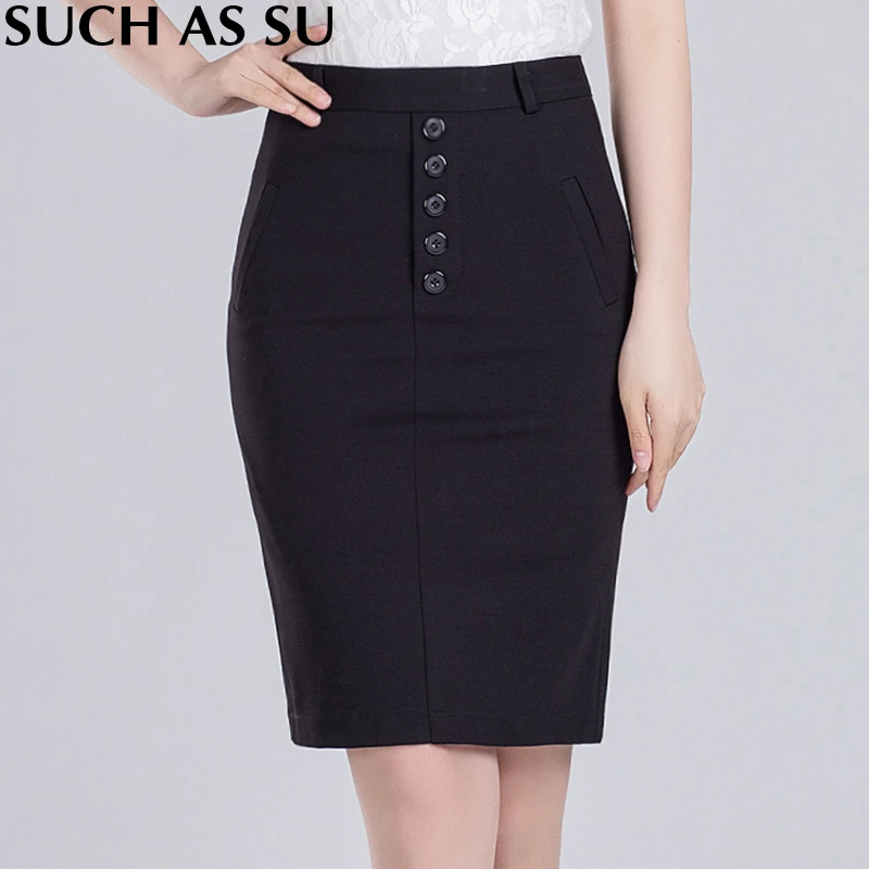 elástica de cintura alta para otoño e invierno, falda negra de para mujer, con botones|winter skirts womens|pencil skirt blackpencil skirt - AliExpress