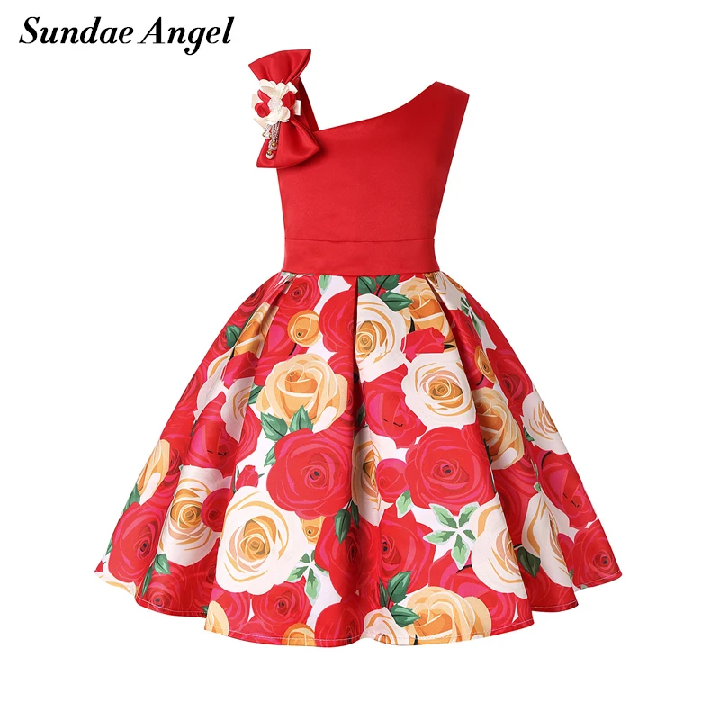 Sundae Angel Inclined Shoulder Evening Formal Dress For Girl Bowtie Rose Print Summer Princess Girls Costumes Ball Gown | Детская одежда