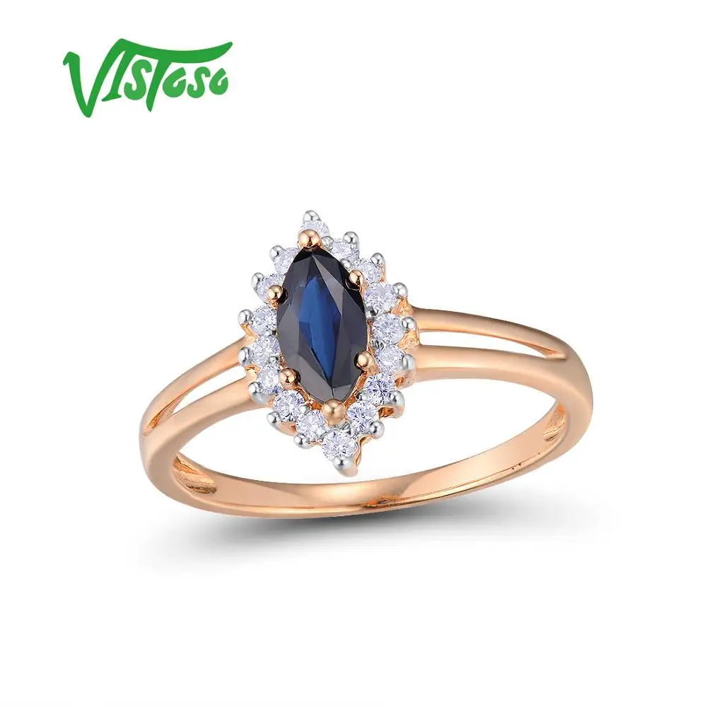 VISTOSO золотые кольца для Для женщин натуральная 14 К 585 розовое золото кольцо со сверкающими стразами Овальный Синий сапфир обручальное