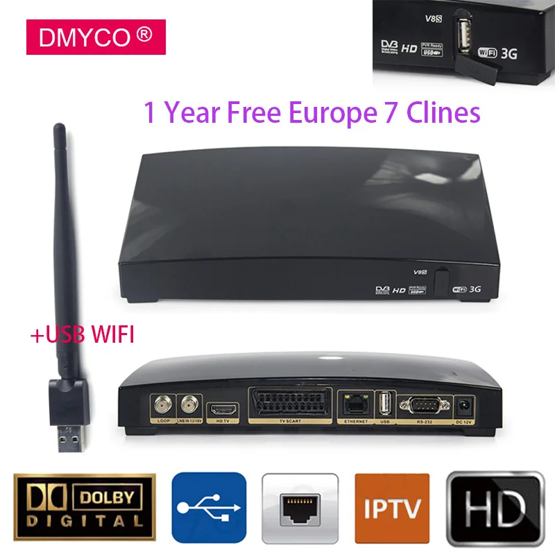 

1 Year Europe Spain Server Satellite Receiver DVB-S2 LNB 1080P H.264 Youporn Poland HD Channels Satellite TV Receptor +USB WIFI