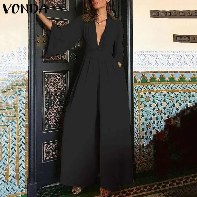 

VONDA Plus Size Wide Leg Pant Women Jumpsuit Sexy Romper 2019 Casual 3/4 Flare Sleeve V Neck Playsuit Vintage Overalls Playsuit